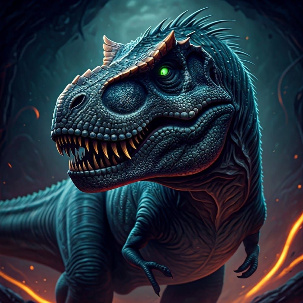 Indigo T-Rex Emerging from Shadows in aether style