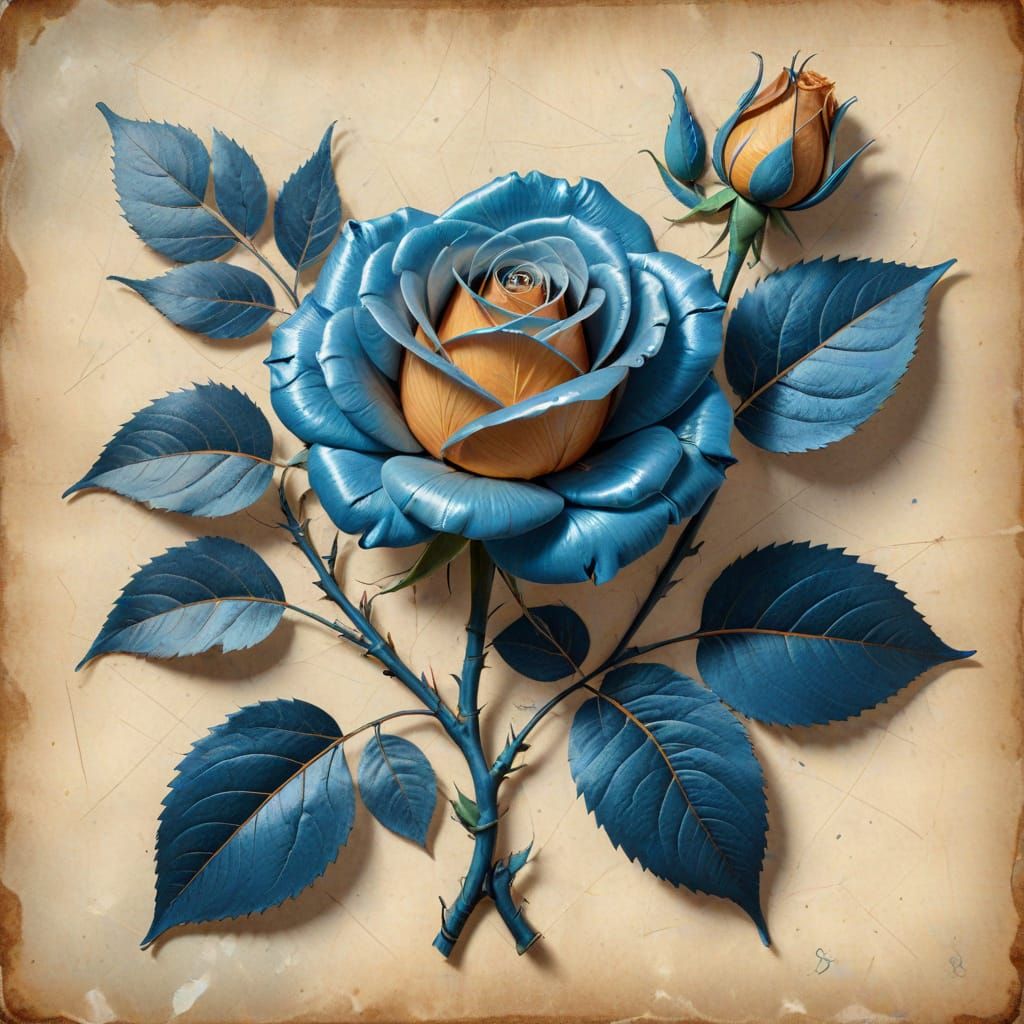 Vintage Rose Botanical Art With Chrome Blue Ribbons