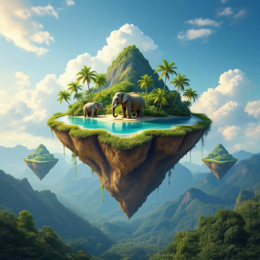 Floating Jungle Island in Evening Sky