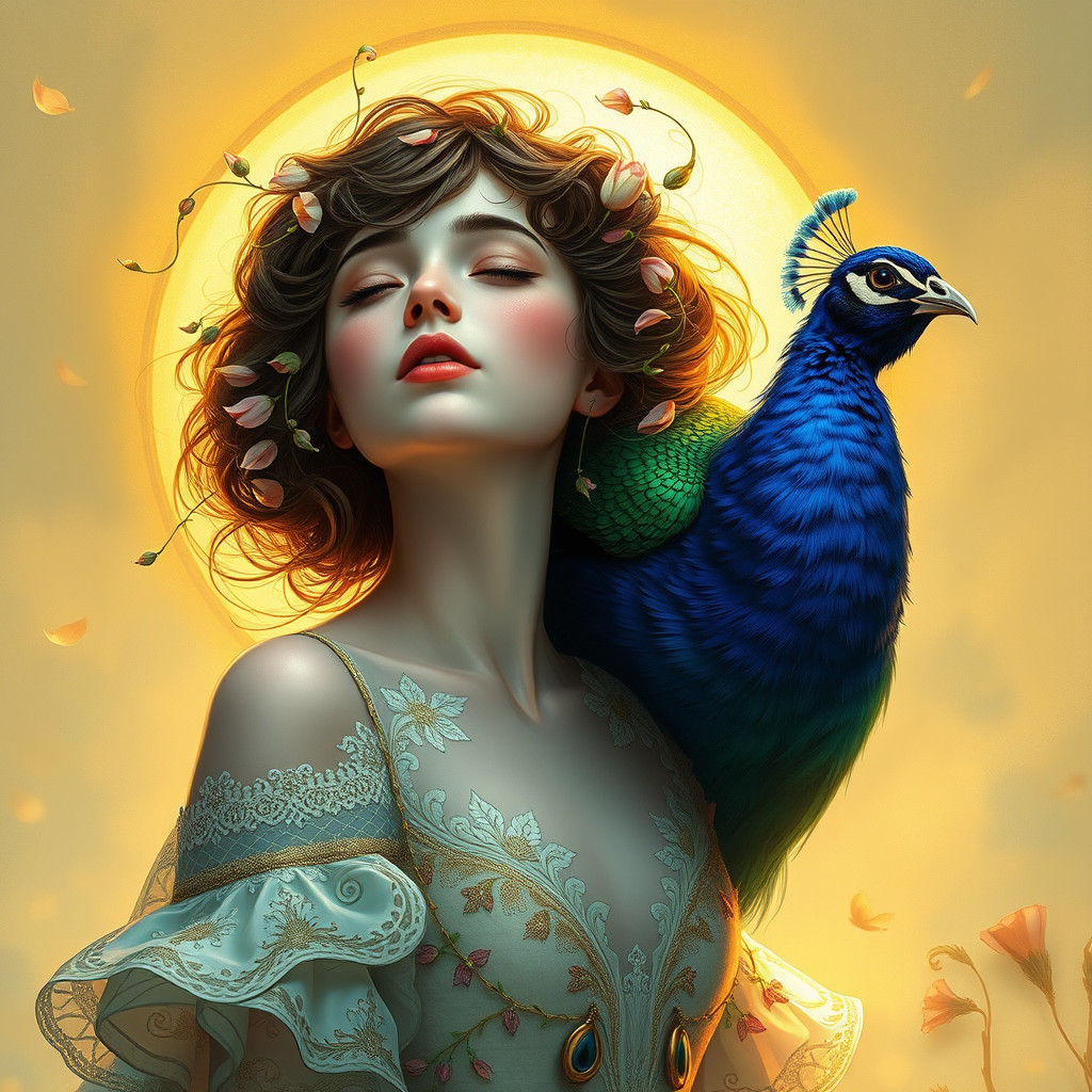 Flower Girl with Peacock in Art Nouveau Style