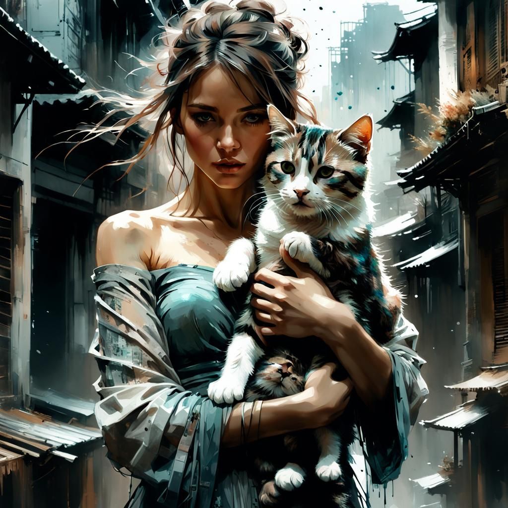 Woman and Cat Portrait in Hyperrealistic Digital Art