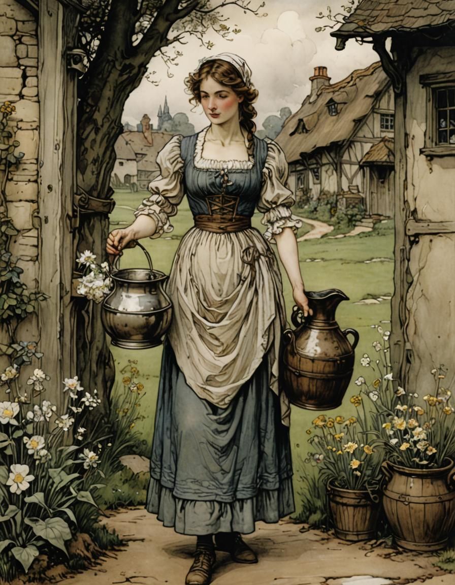 Milkmaid with Pitcher, Arthur Rackham Style Illustration