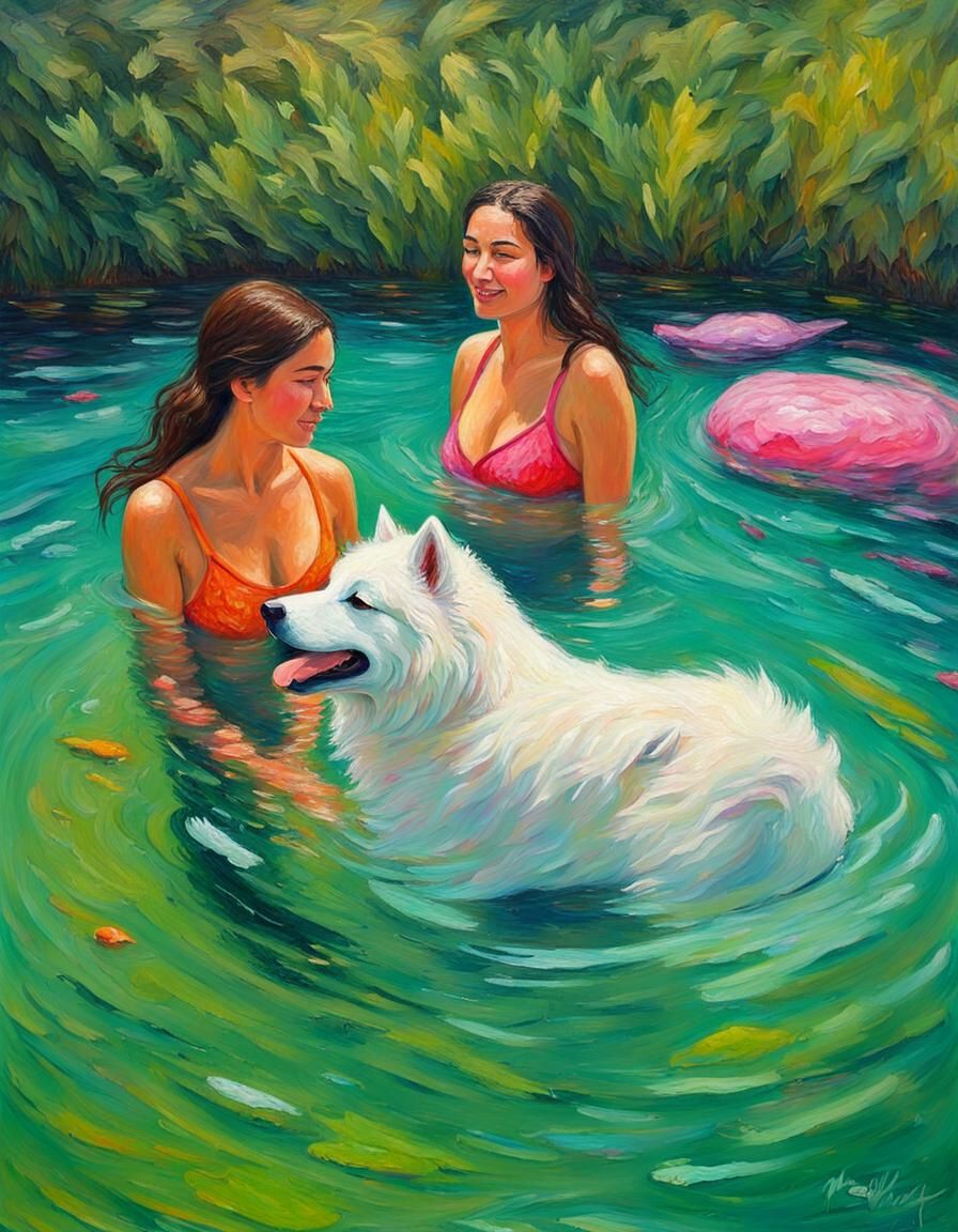 Samoyed and Brunette in Fiji: Neo-Impressionist Oil Painting