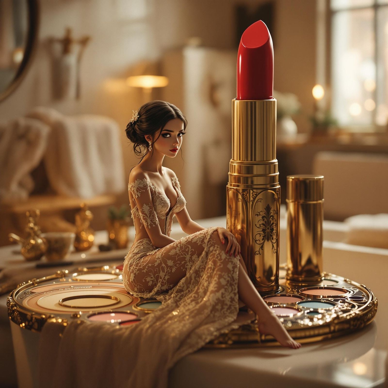 Miniature Woman on Colossal Makeup Palette, Hyperrealistic S...