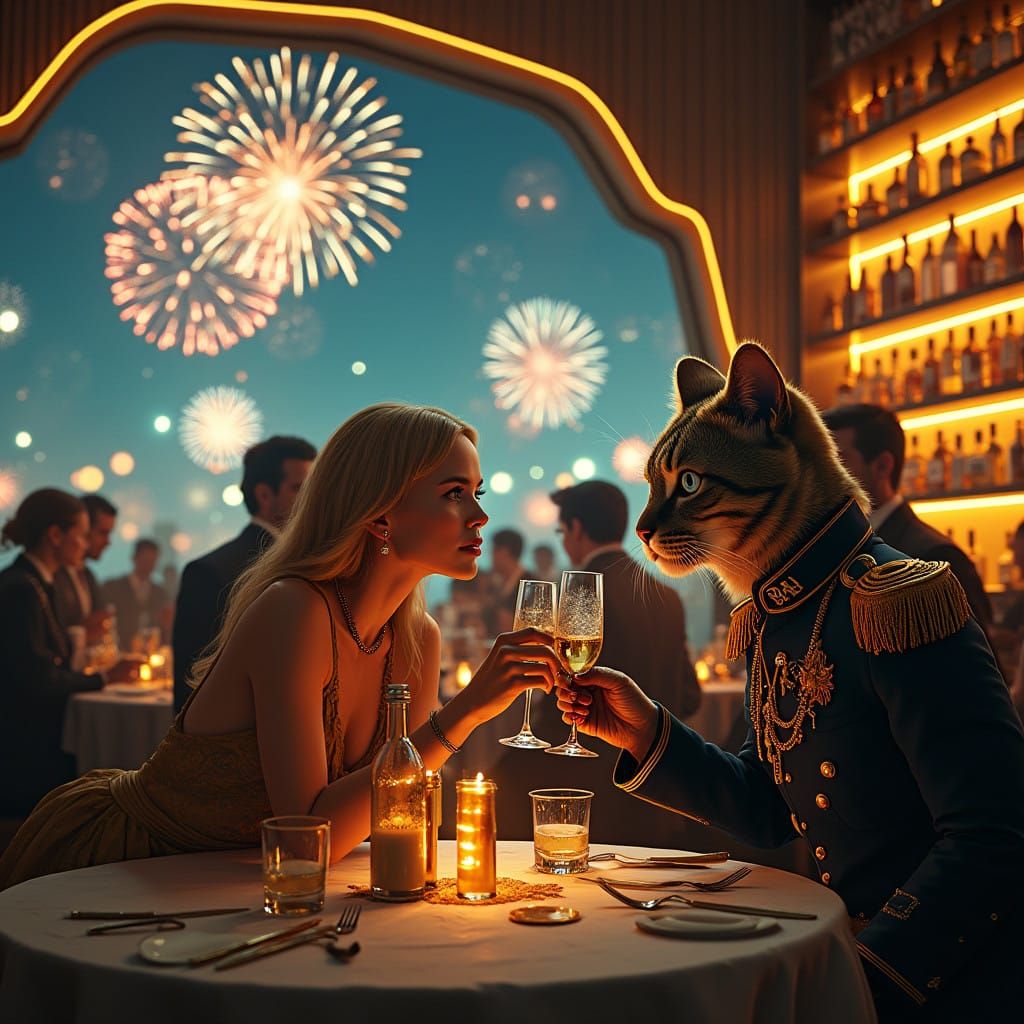 Mingling Patrons in a Futuristic Bar Scene with Timeless Ele...