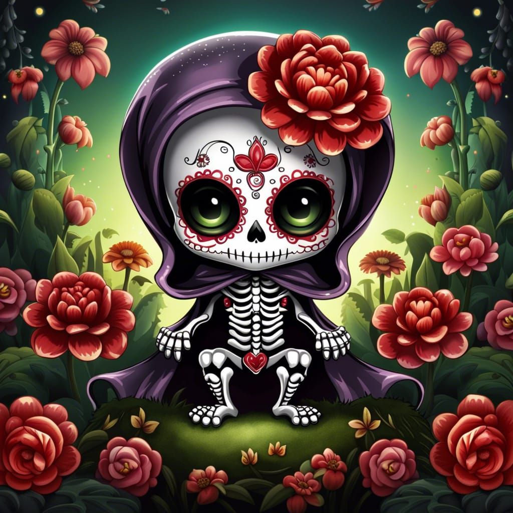 Chibi Sugar Skull Vampire in Dahlia Garden