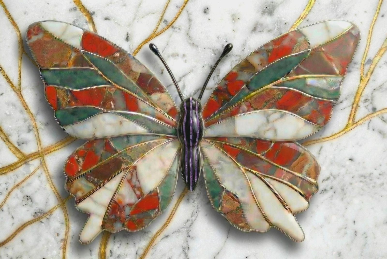 Hyper-Realistic Marble Butterfly Sculpture on Stone Wall