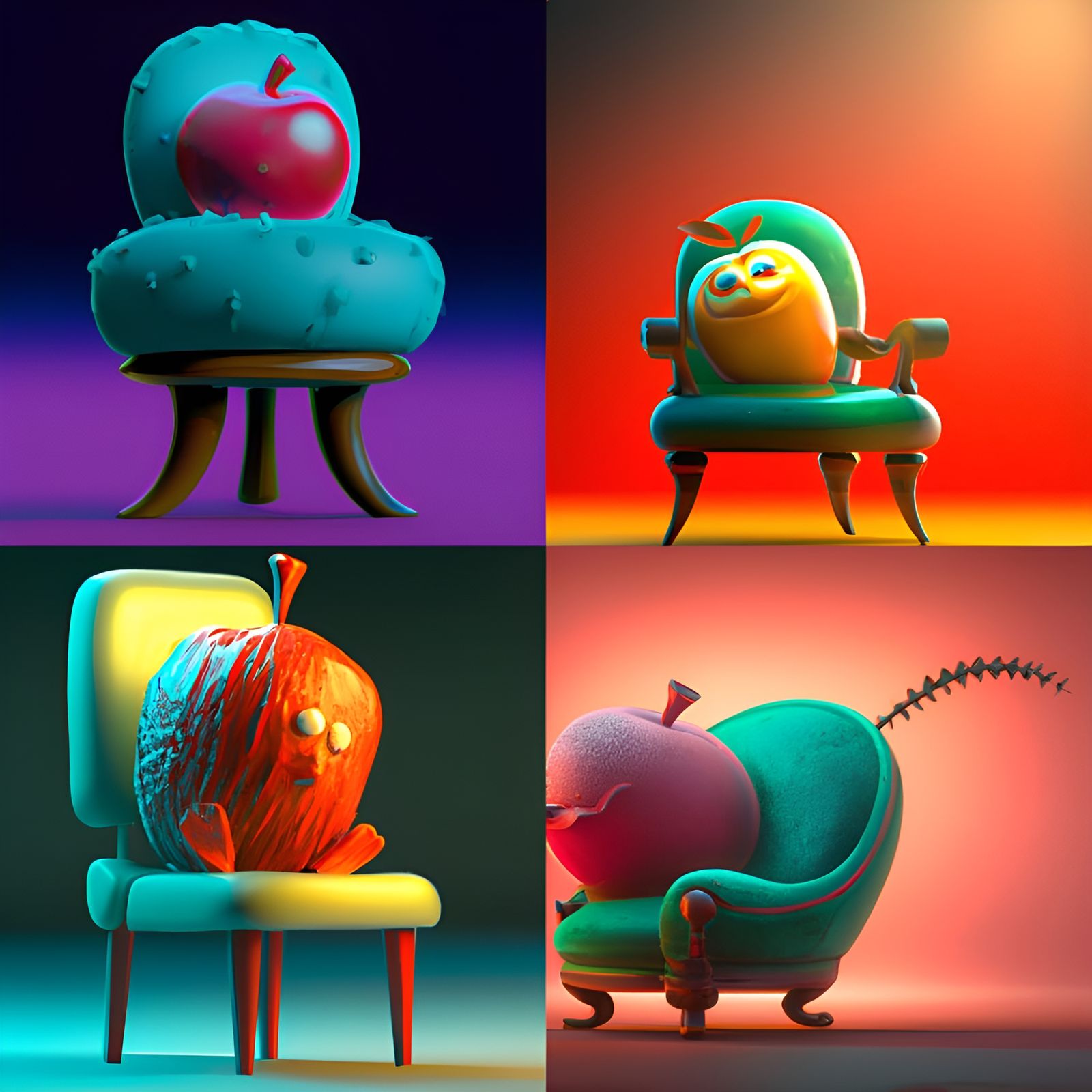Apple in Chair: Pixar-Style 3D Digital Art
