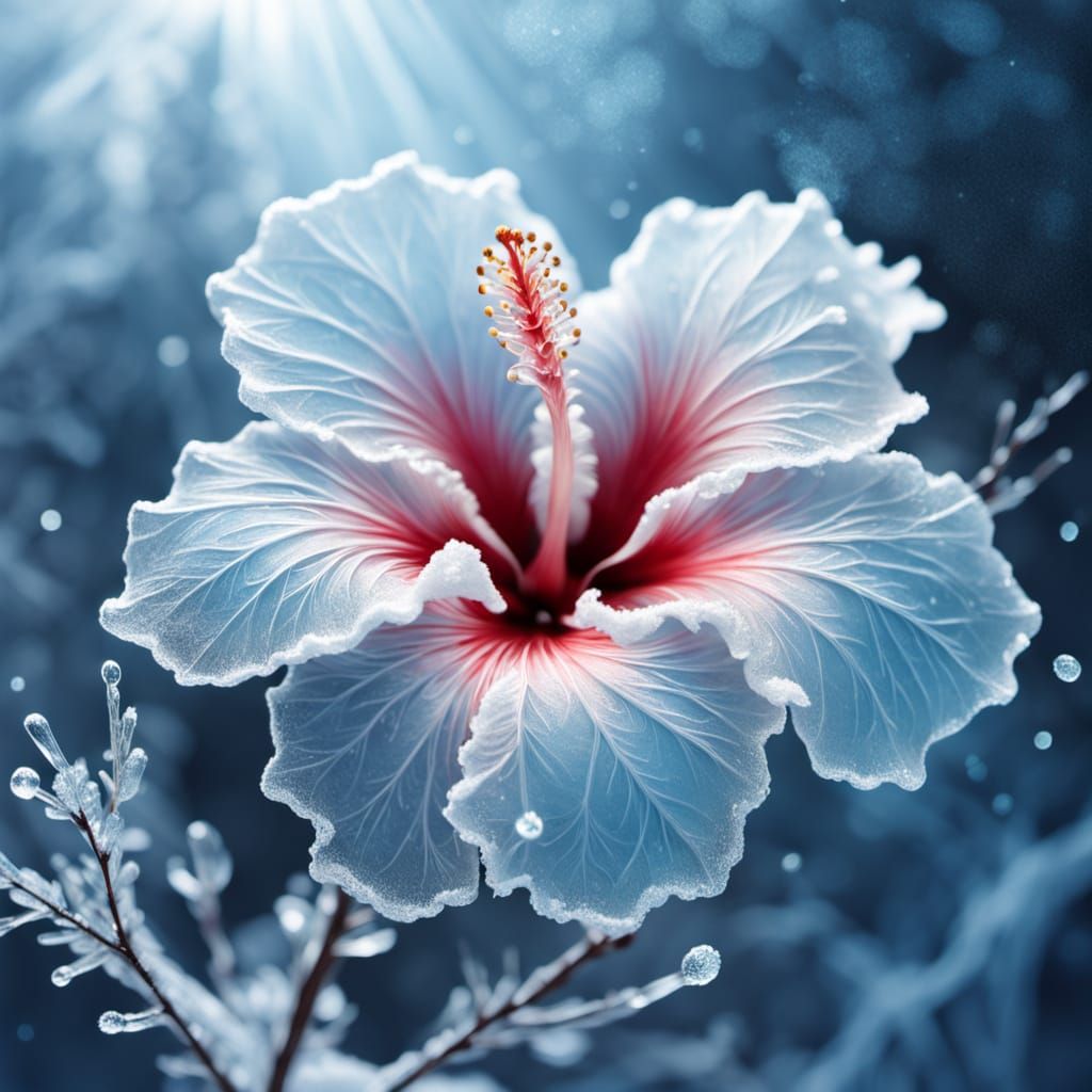 Delicate finely detailed hibiscus flower crafted from snow dust and snow particles, partially transparent, as the snow p...