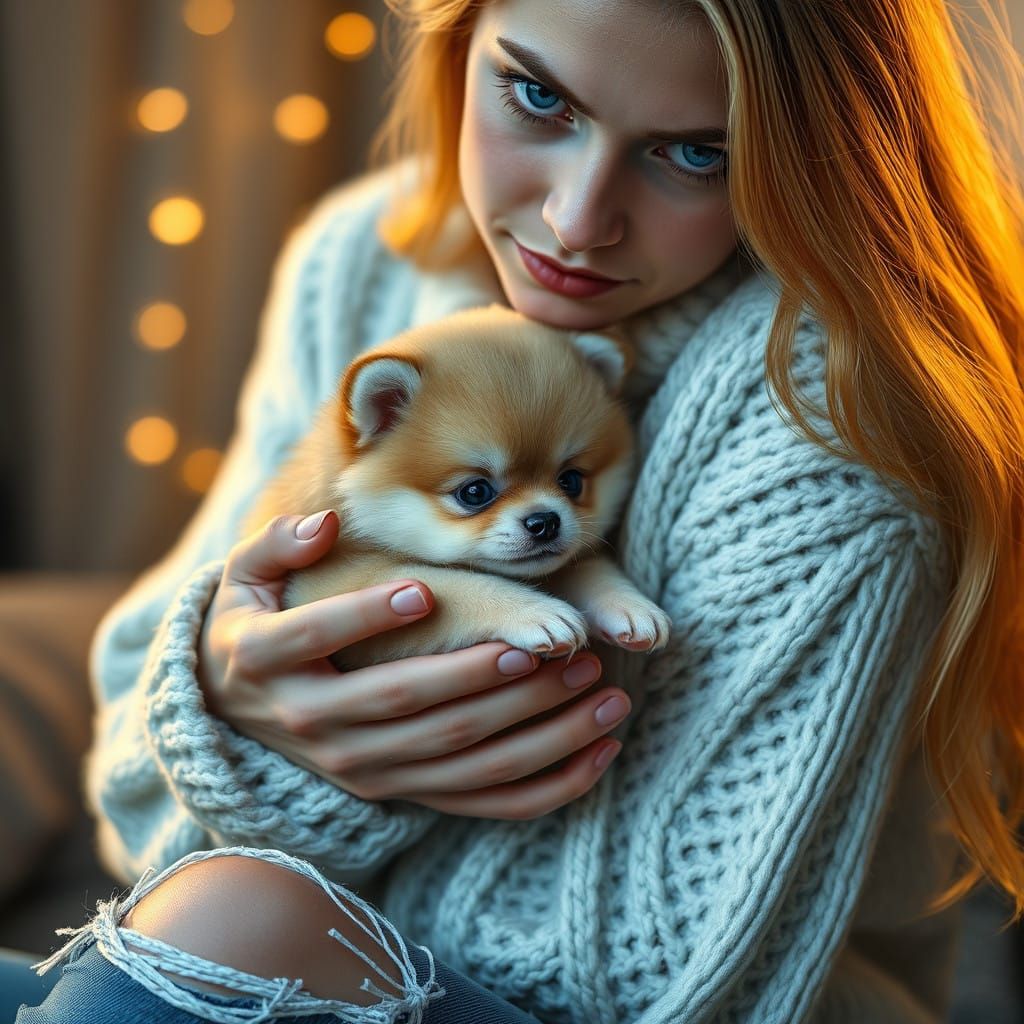 Golden Goddess Cradles Adorable Pomeranian Puppy in Soft Fan...