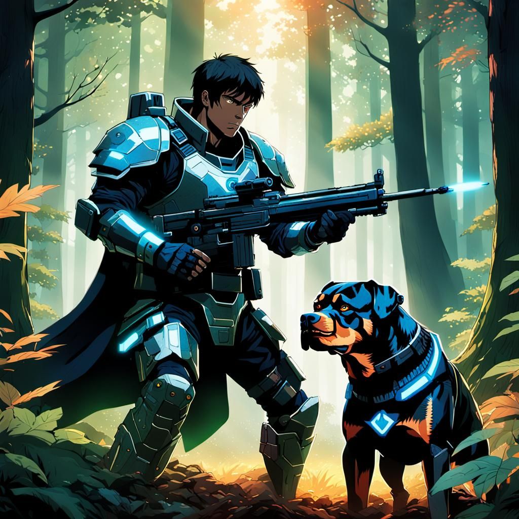 Armored Warrior and Rottweiler in Anime Style