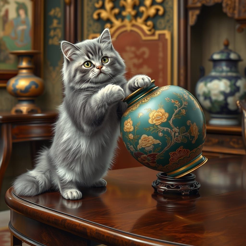 Whimsical Feline Chaos in Classical Realism Style