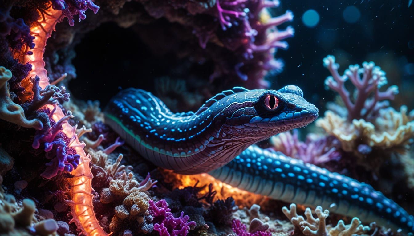 Psychedelic Bioluminescent Eel in Coral Wall