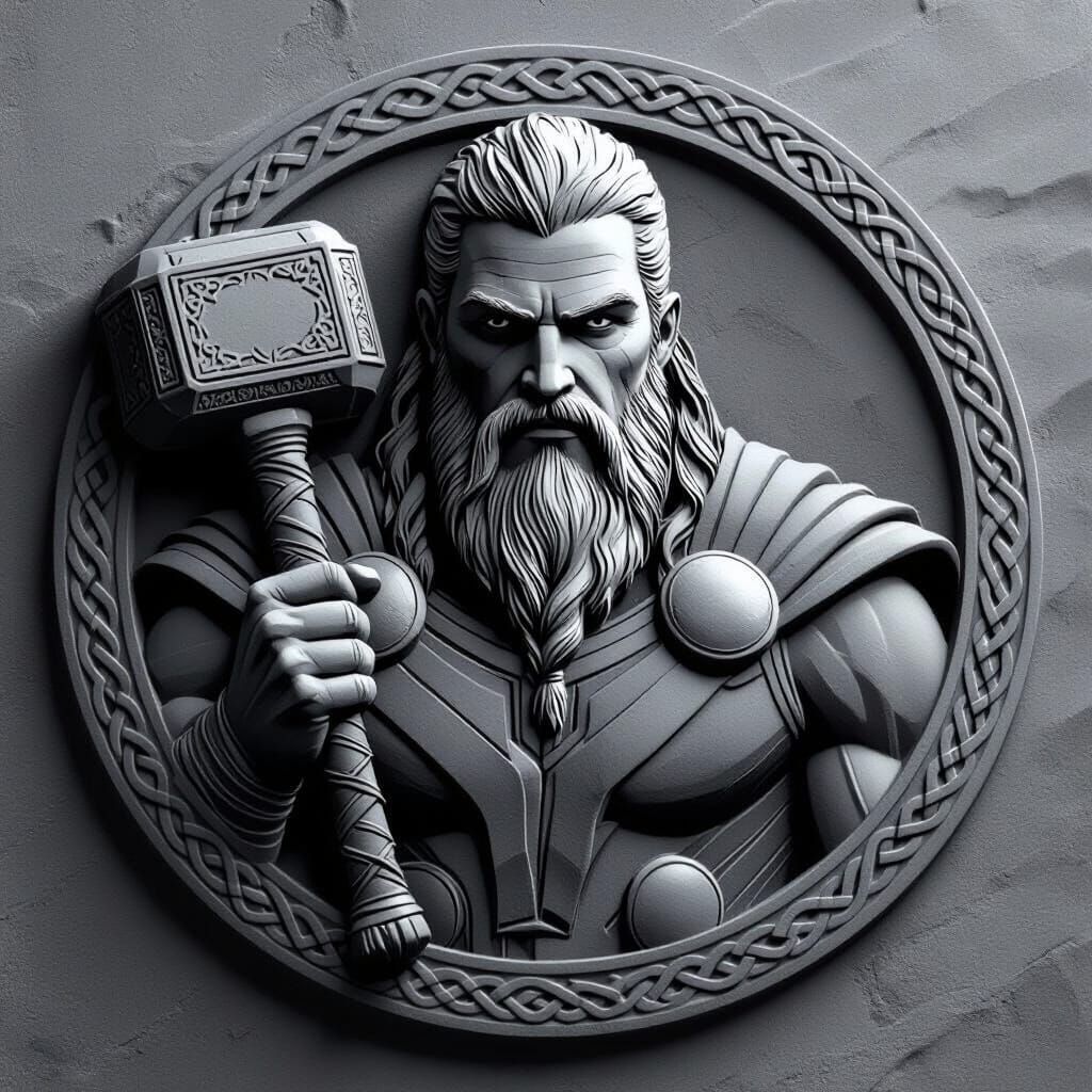 Thor with Mjolnir in Grayscale Relief