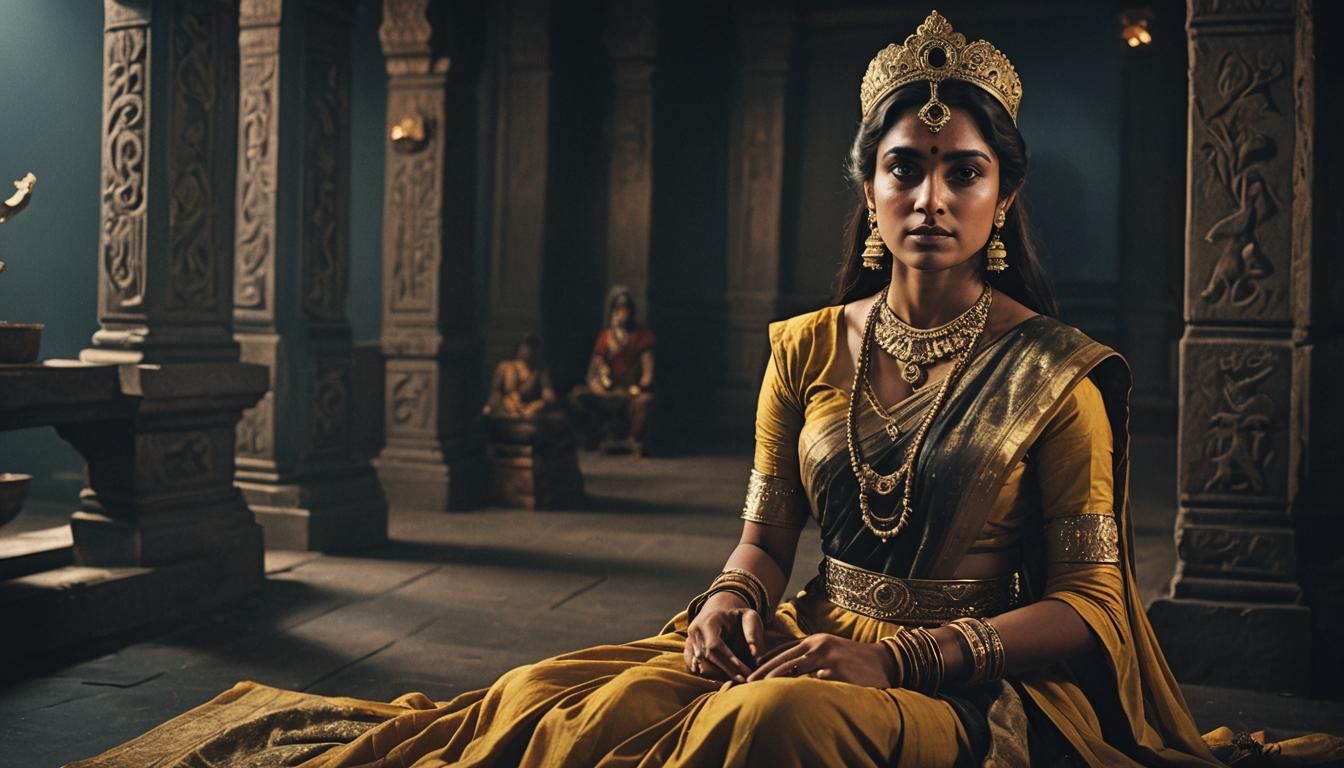 Ancient Indian Princess Sita in Dark Palace Room
