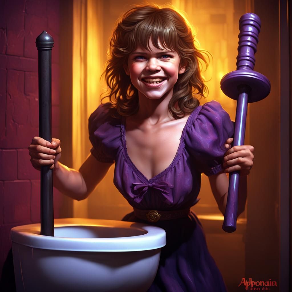 Very Young Linda Blair Holding Up A Toilet Plunger And Grinning Mischievously