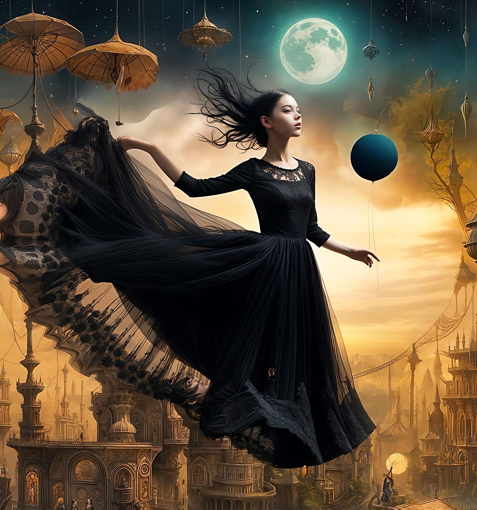Gothic Girl Floating in Air: Detailed Digital Art