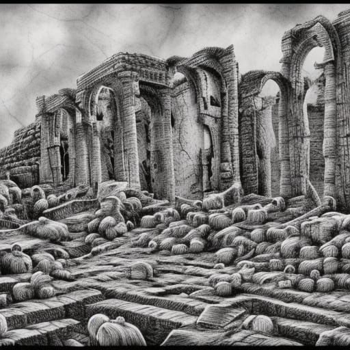 Sheep Graze City Ruins: Zentangle Coloring Page