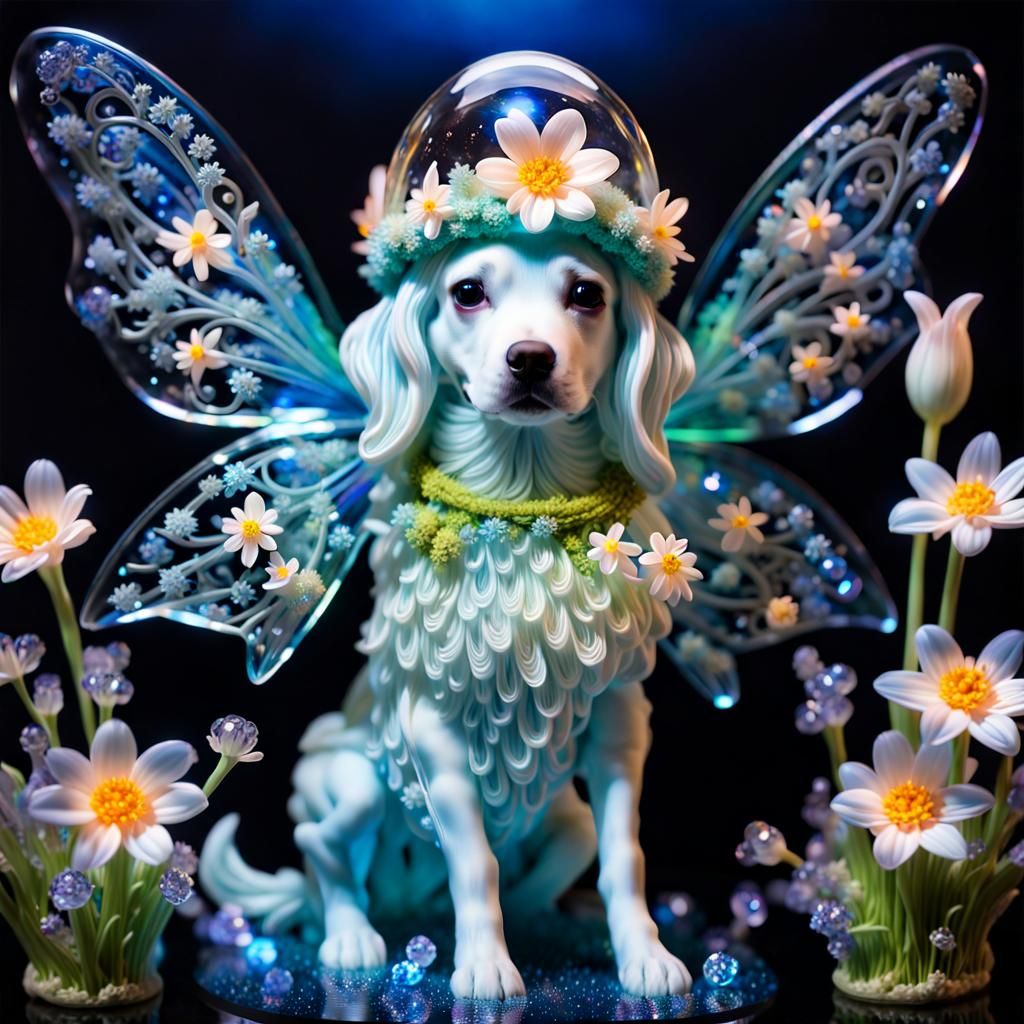 "delicate soft glass Easter Fairy wearing a Easter bonnet  filled with bioluminescent spring flowers, underwater, lumino...