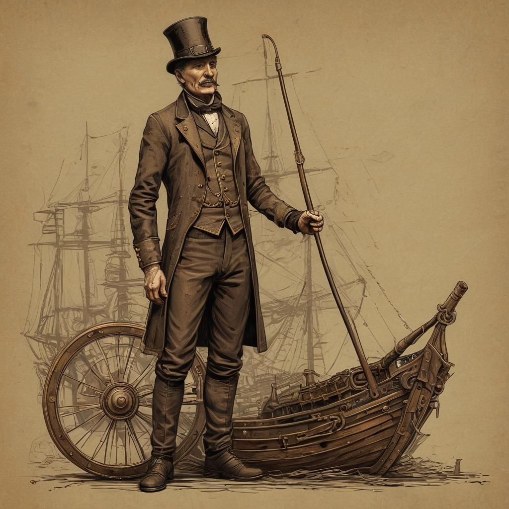 Steampunk Man with Rusty Ship Illustration
