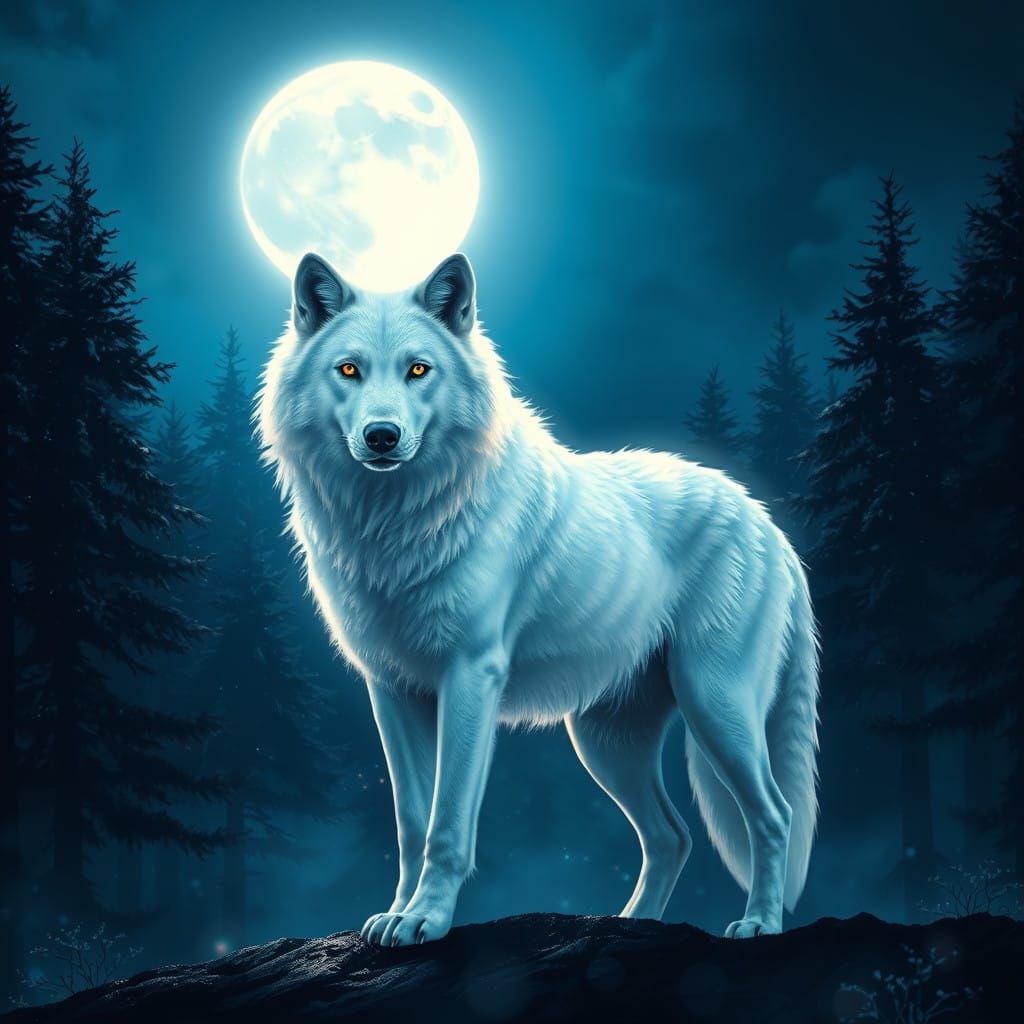 Regal White Wolf in Ethereal Moonlit Forest