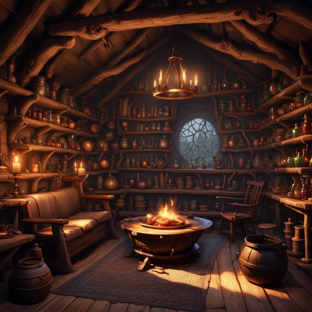 Cozy Witch Hut Interior with Cauldron and Potions