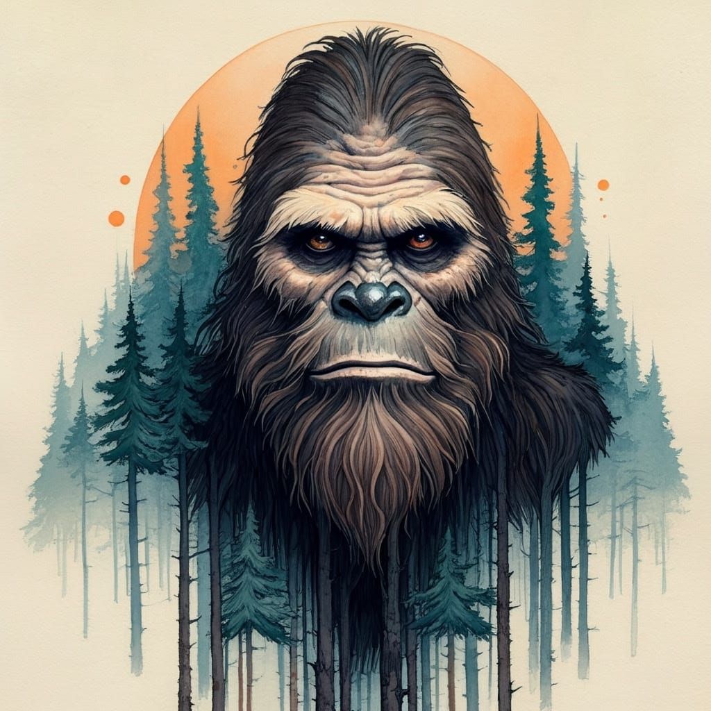 Surreal Dark Fantasy Sasquatch in a Forest of Pine Trees