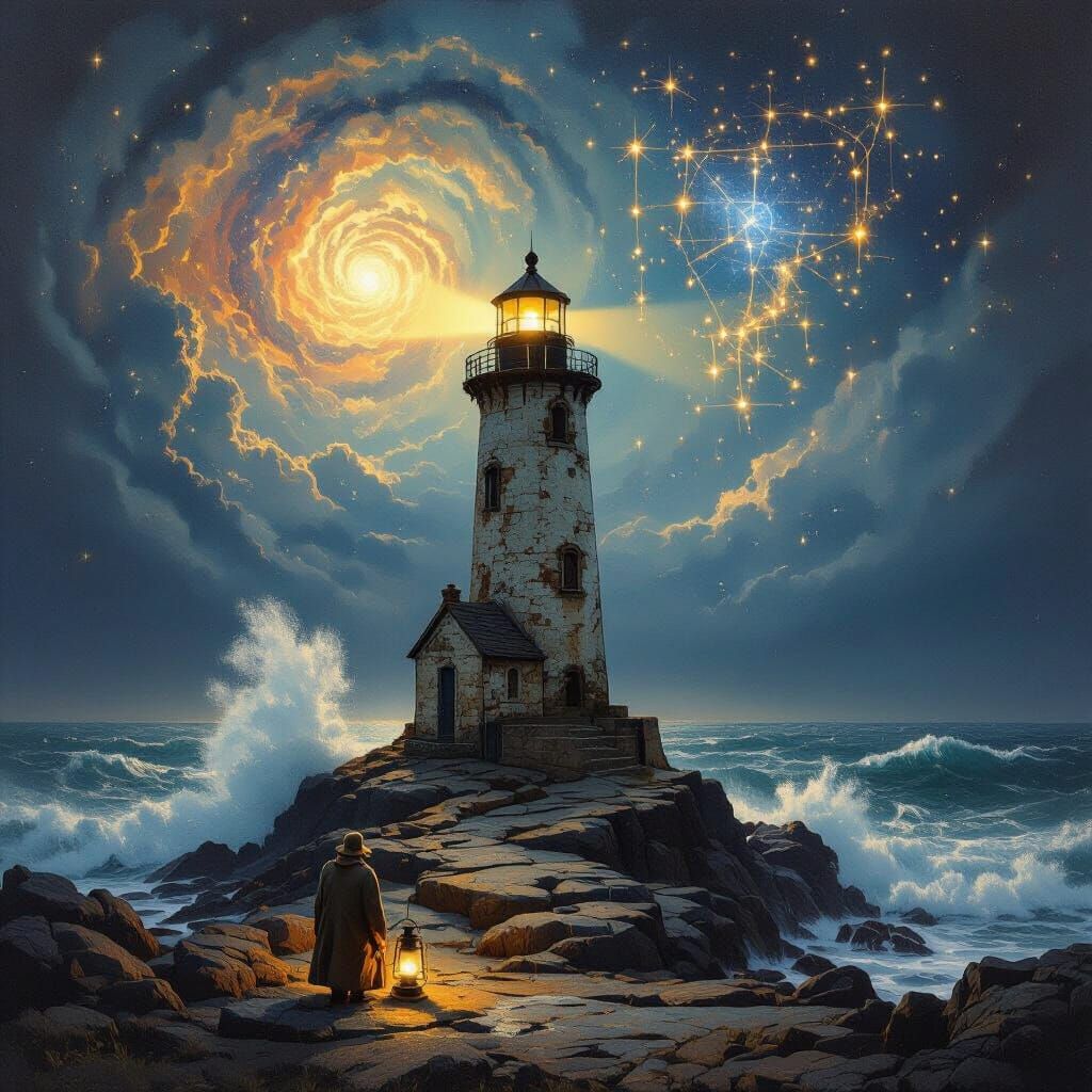 Lighthouse Under Swirling Nebula, Dramatic Lighting