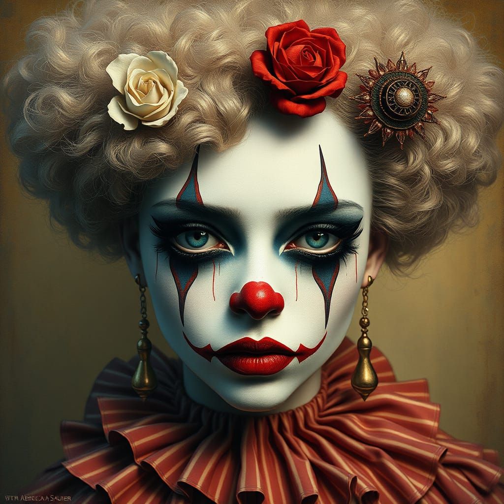 Sad Clown Portrait with Metallic Accents in Symbolist Style
