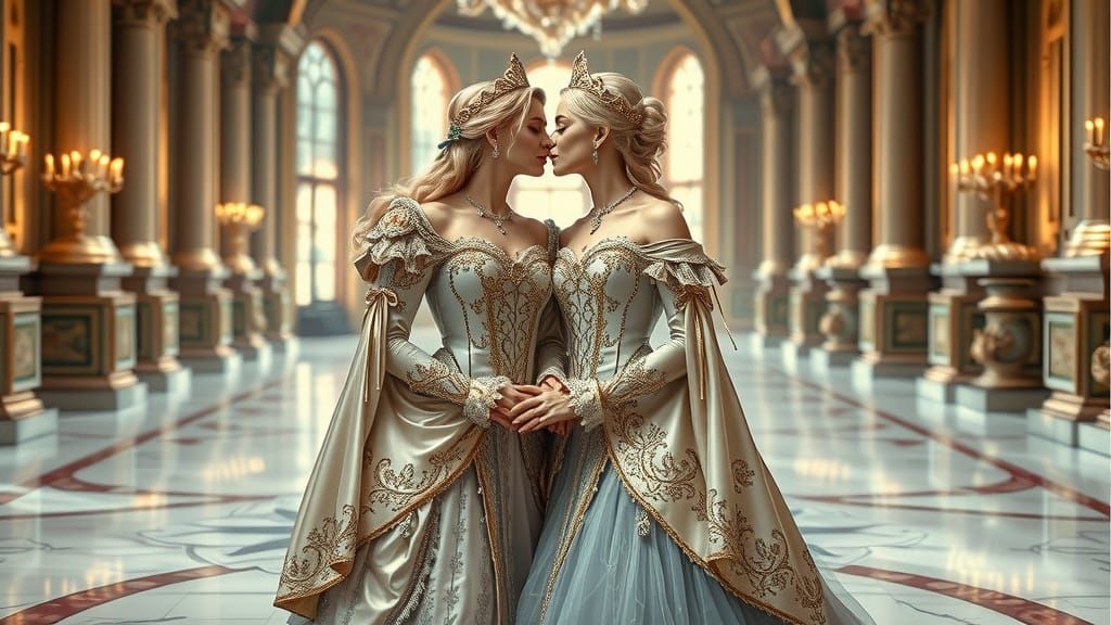 Two Princesses Share a Kiss in Sumptuous Hall