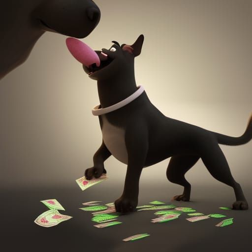 Dog Growling While Eating Money: Pixar-Style 3D Art