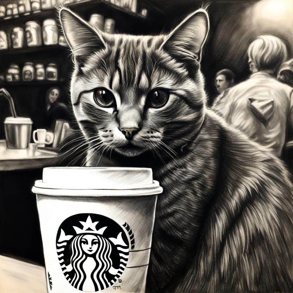 Hyperdetailed Charcoal Drawing: Cat at Starbucks