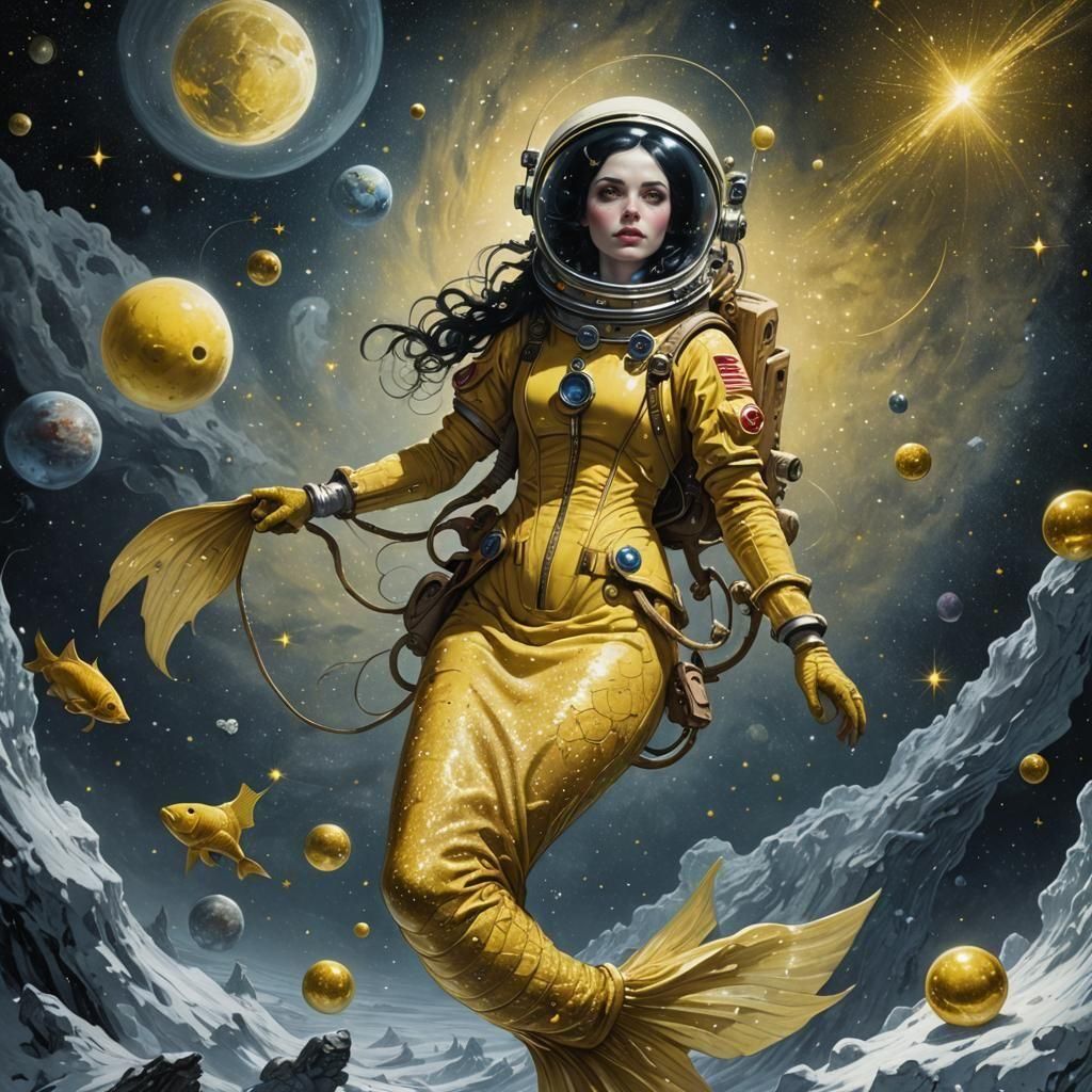 Snow White as Space Mermaid Cosmonaut in Horror Art