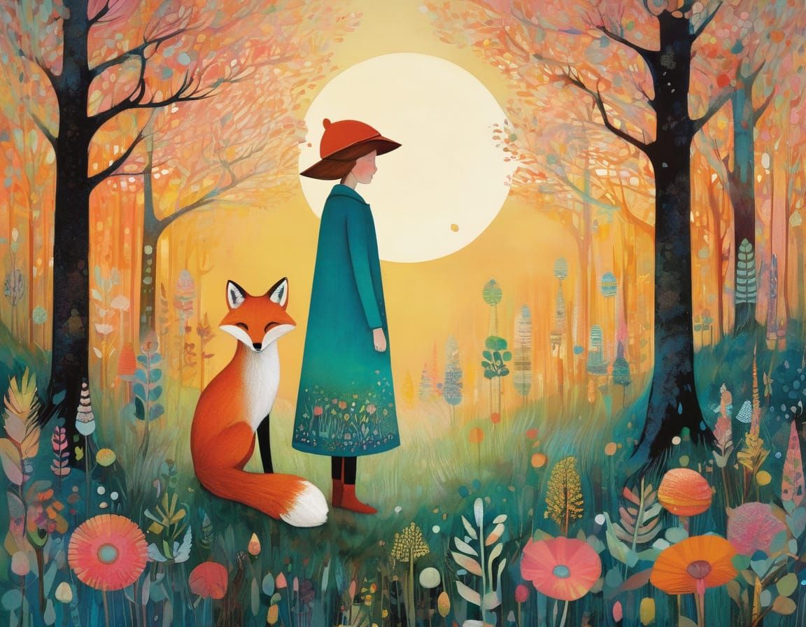 Girl and Fox in Whimsical Pastel Landscape
