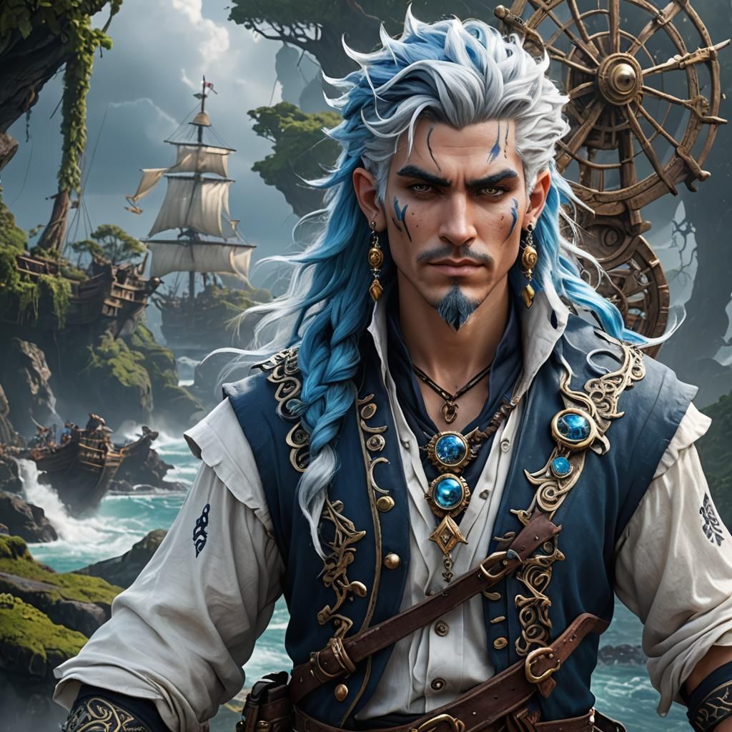 Elemental Pirate Druid with Blue and White Hair