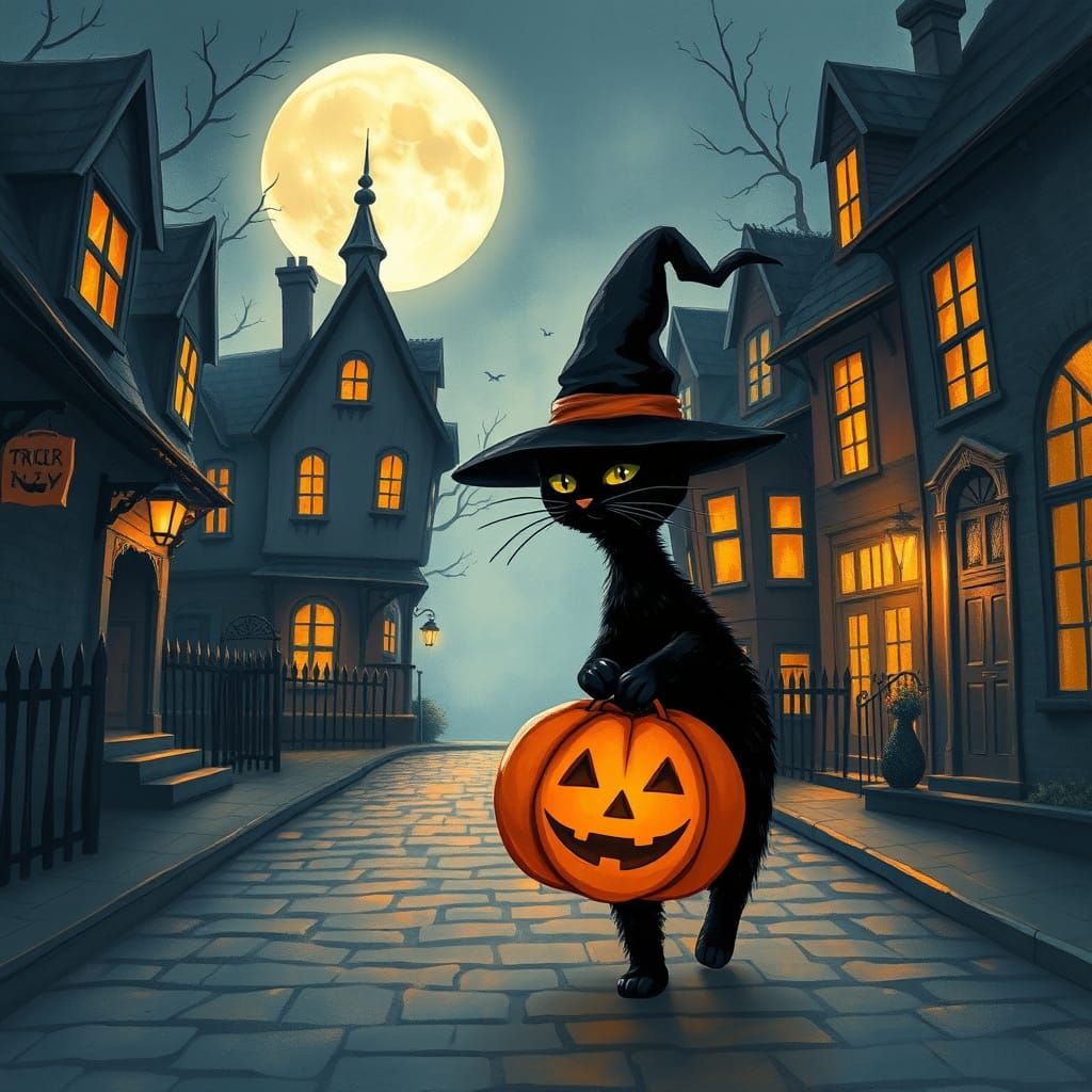 Whimsical Black Cat Trick-or-Treating on Full Moon Night