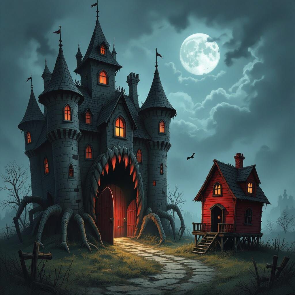 Gothic Castle Devours Tiny Wooden House in Dark Fantasy Art
