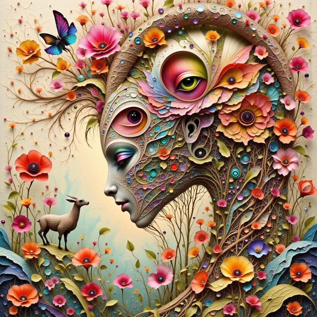 Intricate Surreal Robot and Goat in Patchwork Style