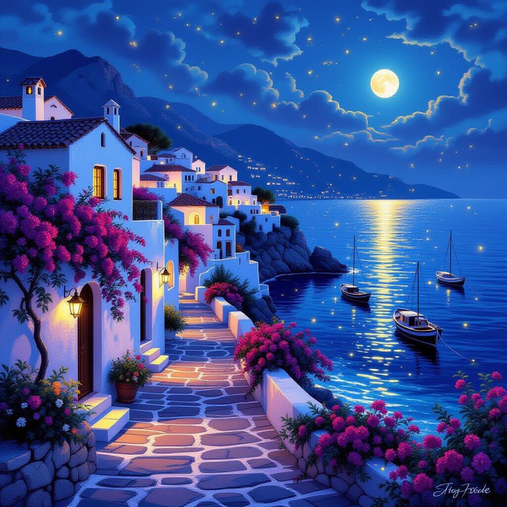 Glowing Mediterranean Coast at Twilight with Enchanted Light...