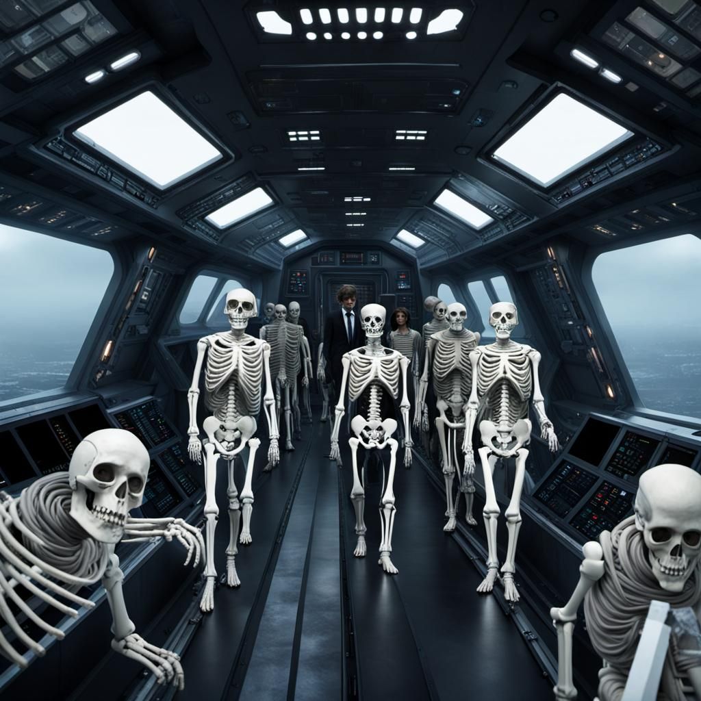 Skeleton Crew Navigating Spaceship Bridge