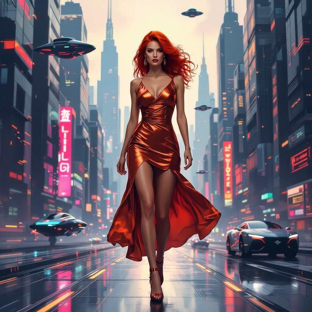 Futuristic Woman in Copper Dress, Hyperrealistic Digital Art