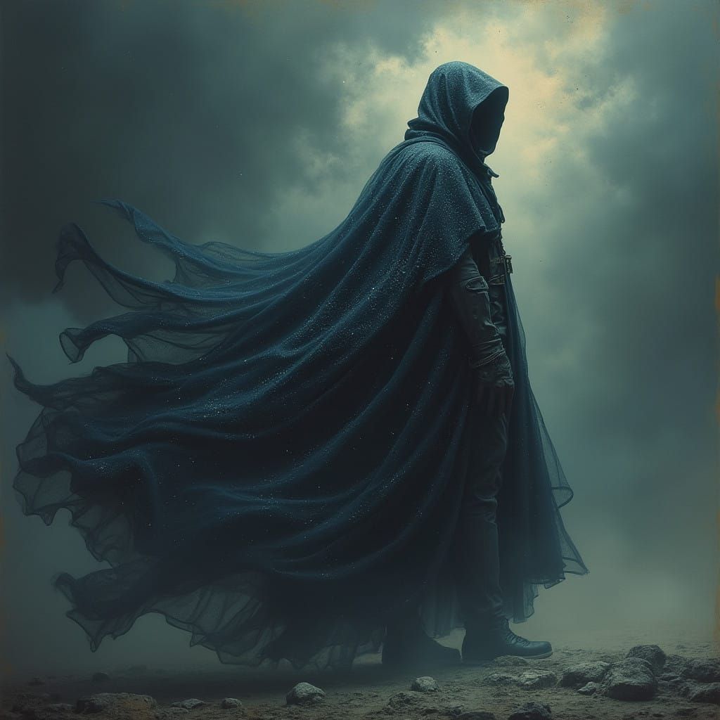 A Valorous Figure Enveloped in a Dramatic, Embroidered Cloak