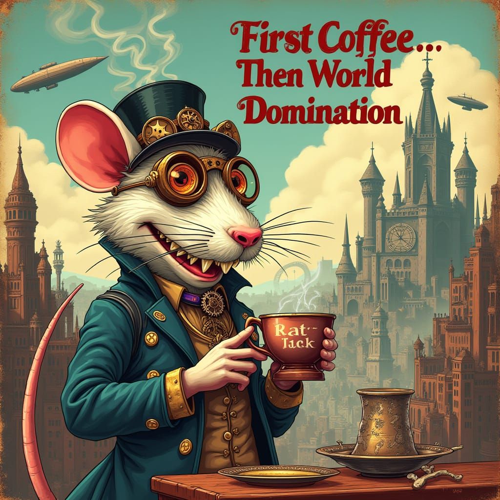 Steampunk Rat in Victorian Attire Sips Coffee Amidst Metropo...