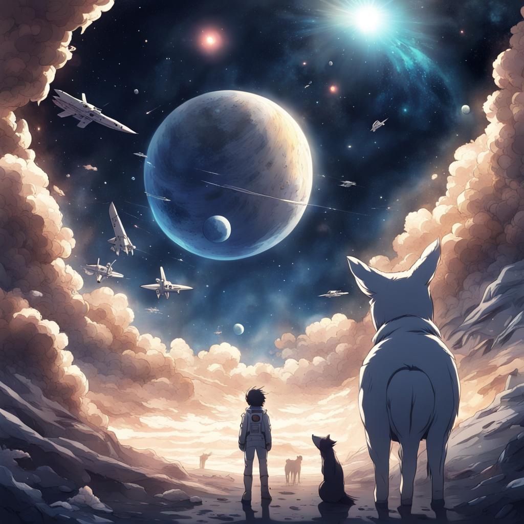 Anime Space Scene with Animals