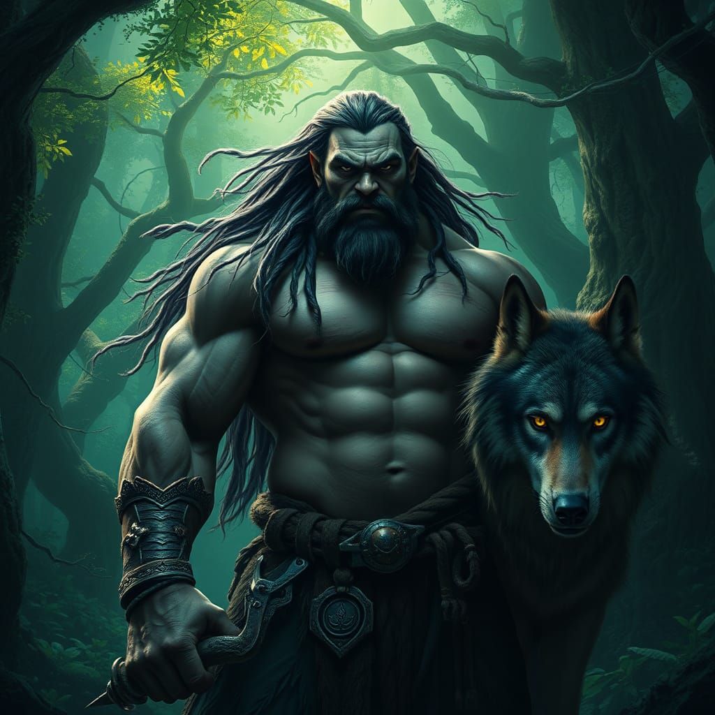 Orc Druid with Wolf in Mystical Forest
