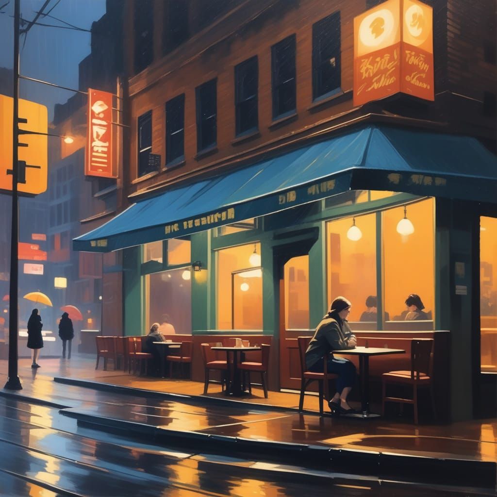 Solitary Woman in Rainy Twilight Cafe Painting
