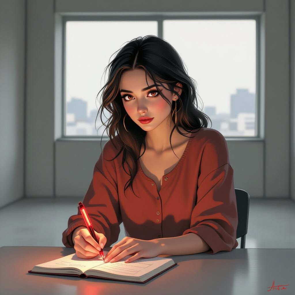 Melancholic Bosnian Woman Scribbling, Ghibli-esque Art