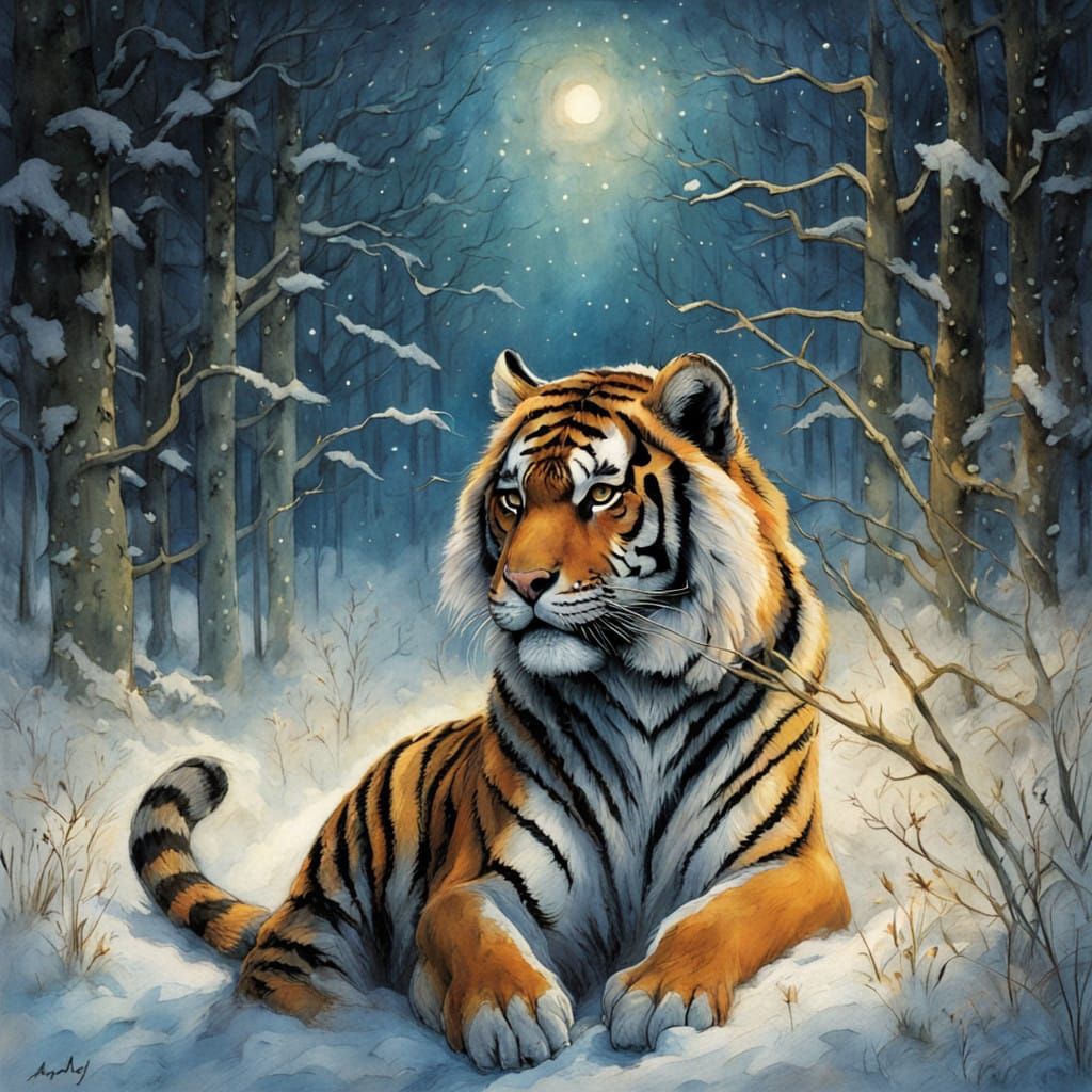 Surreal Tiger God in Whirling Winter Dance