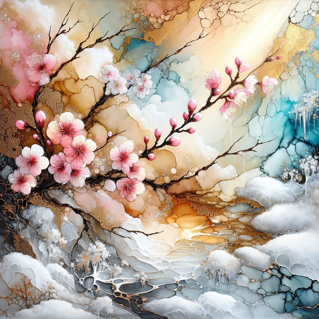 Vibrant Cherry Blossoms Unfurl on Branches in Pastel Hues