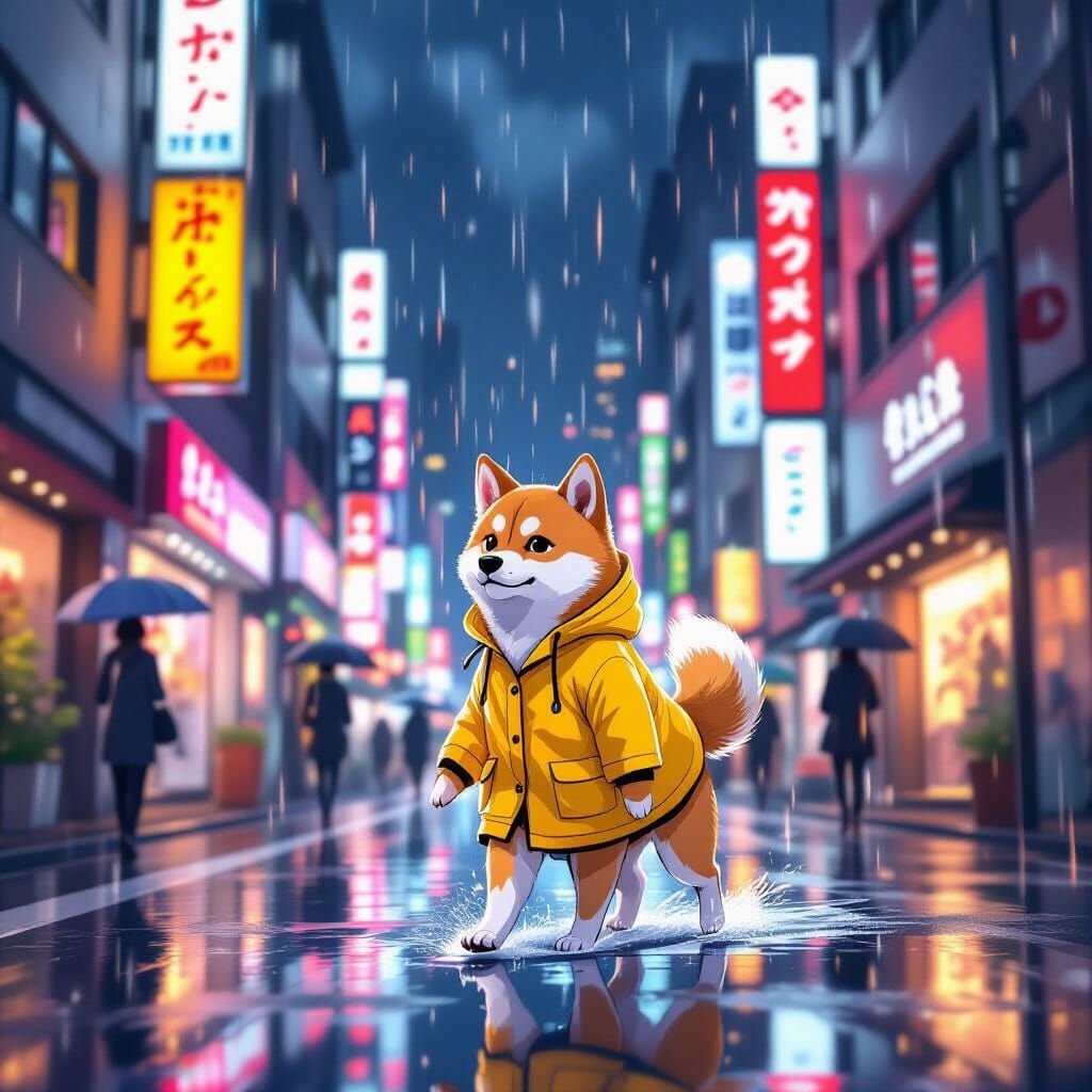 Shiba Inu in Tokyo Rain, Vibrant Anime Style